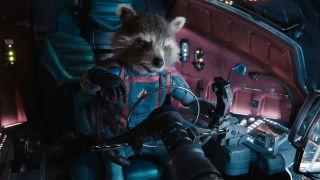 Rocket Raccoon sitting in a ship's cockpit in Guardians of the Galaxy Vol 3.